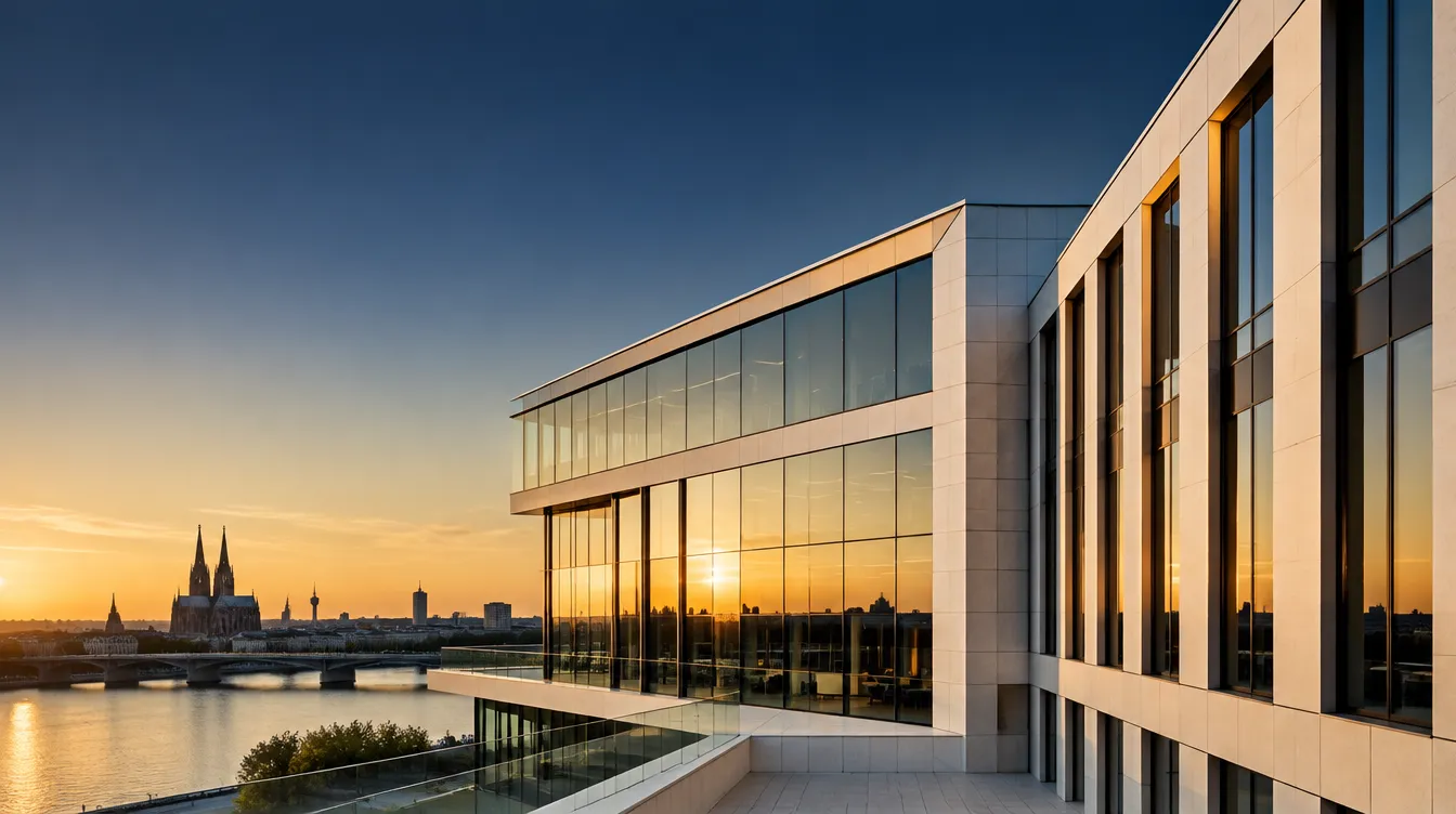 Moderne Architektur am Rhein mit Blick auf den Kölner Dom