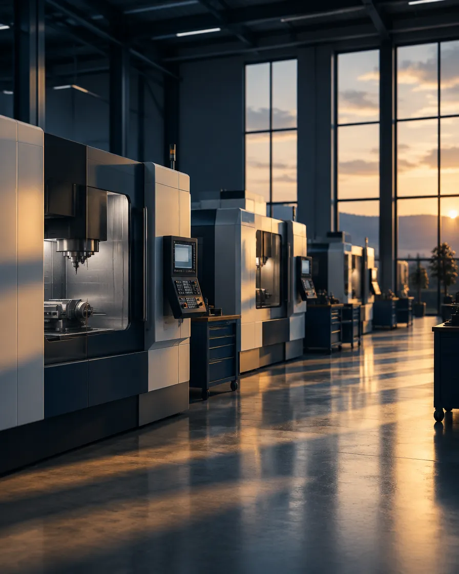 Werkhalle mit CNC-Bearbeitungszentren im Abendlicht